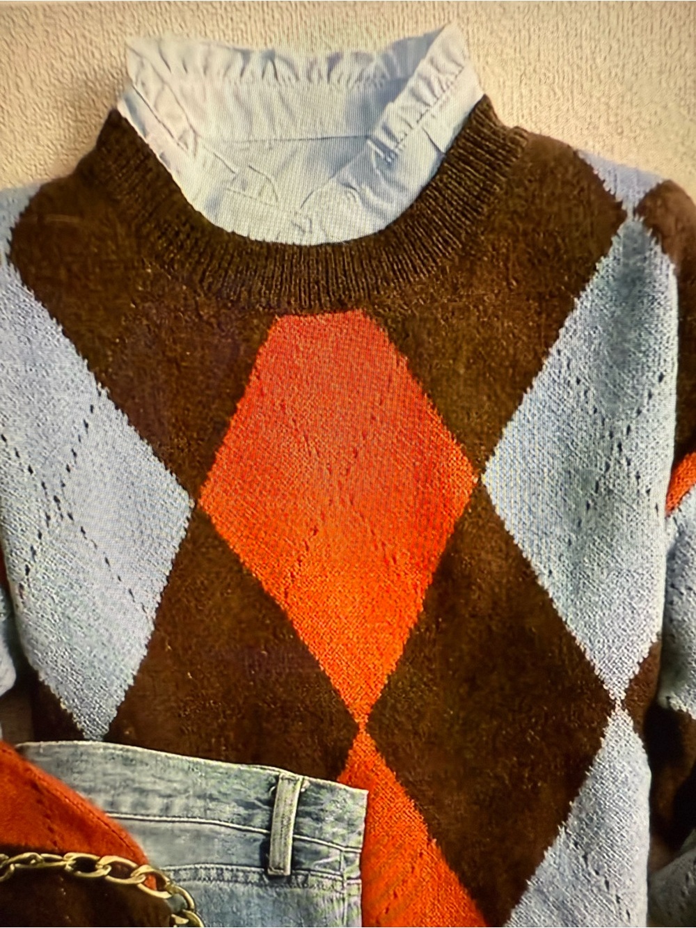 Cozy Argyle Knit Sweater in Brown, Light Blue & Orange